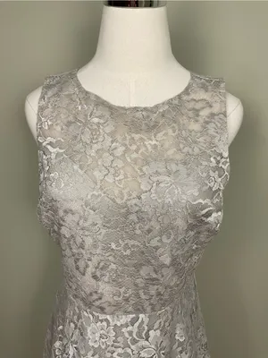 Alice + Olivia Metallic Natalia Open Back Lace Mini Dress Taupe Silver Sz 10 thumbnail 2