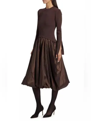 SIMKHAI Kenlie Ribbed Knit Bodice Taffeta Bubble Dress Brown Size Large NWOT thumbnail 11
