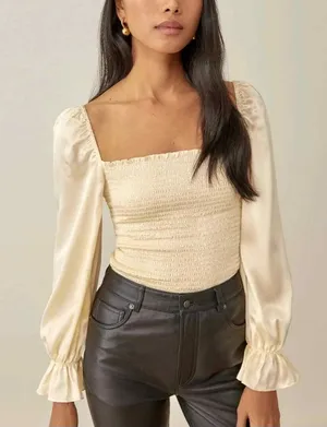 Reformation Chamomile top Smocked Square-Neck Satin puffed Sleeve romantic S thumbnail 1