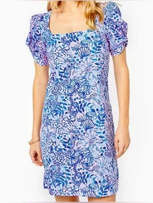 Lilly Pulitzer Haydn Mini Dress Short Puff Sleeve Blue Oceanscape Print Pink XS thumbnail 1