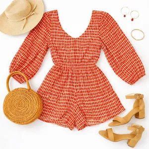 Altar’d State Orange Red Plaid Smocked Romper Women’s Medium Balloon Sleeve EUC thumbnail 5