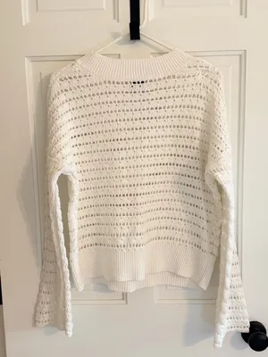 Evereve‎ White Open Knit Crochet Sweater Medium Cotton Blend Boho Coastal thumbnail 3
