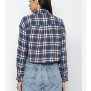 American Eagle cozy cabin cropped blue plaid flannel xsmall thumbnail 2