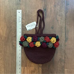 ANTHROPOLOGIE brown crochet wool bag with crochet flowers, NWT thumbnail 12