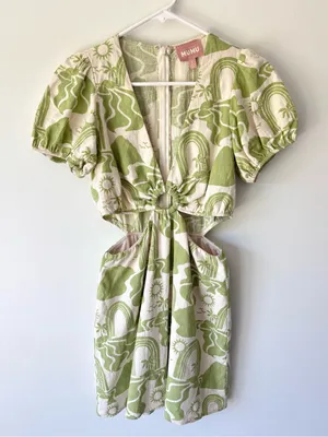 Show Me Your Mumu Jessa Mini Dress Green White Tropical Pattern Linen Blend thumbnail 3