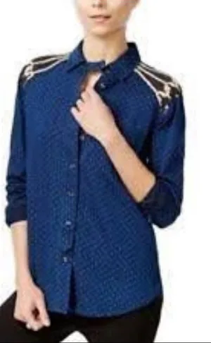 Free people button front knit back navy‎ polka dot top thumbnail 1