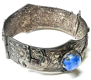 Vintage sterling silver cuff bracelet filigree embossed camel blue stone inlays thumbnail 1
