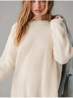 American Eagle Long Weekend Crewneck Sweater in Cream XXS thumbnail 1