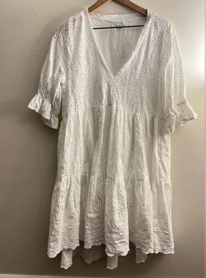 Sundance Jasmine White Eyelet midi Dress tiered asymmetric M petite thumbnail 3