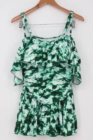 Cocopear Swim Dress Womens Large Green Tie-Dye Cold Shoulder Ruffle Excellent thumbnail 1