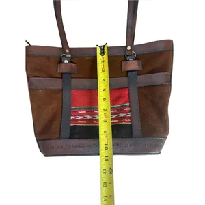 Leather Suede Tote Bag Bolivia Made Woven Boho Chic Aztec Red Brown thumbnail 7