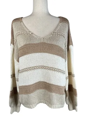 Magnolia Boho V-Neck Pullover Sweater‎ One Size Neutral Beige Ivory Stripe NEW thumbnail 1