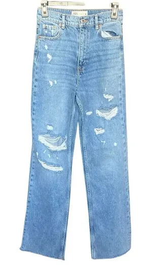 Zara The 90’s Full Length Medium Wash Distressed Raw Hem Jeans Sz 2/26 #765 thumbnail 1