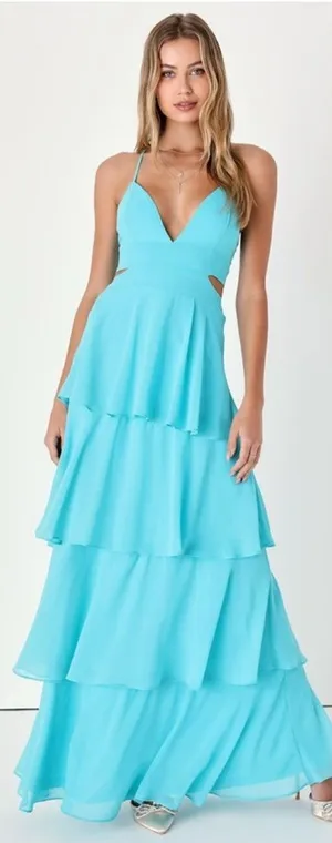 Lulus Tier and Now Blue Tie-Back Tiered Maxi Dress Size Large NWT Wedding Formal thumbnail 1