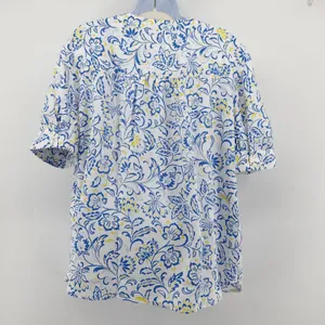 Ann Taylor NWT Women M Blue Yellow Floral Short Sleeve Split Neck Blouse Top thumbnail 6