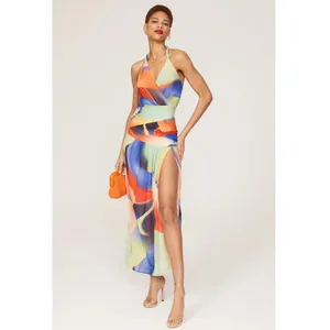 NICHOLAS Multicolor Abstract A-Line Ruching Side Slit Bristol Gown Dress Size 4 thumbnail 2