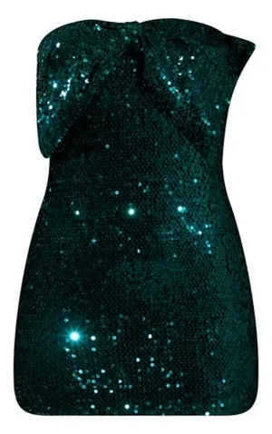 PrettyLittleThing Emerald Green Sequin Bow Bandeau Bodycon Dress 6 thumbnail 2