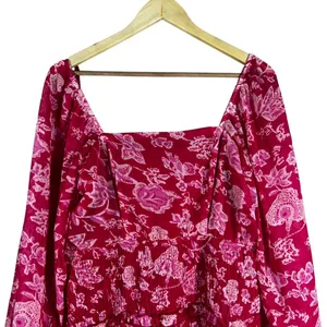 Sim & Sam Floral Paisley Smocked Mini Dress Red Pink Boho Balloon Sleeve Size XL thumbnail 2