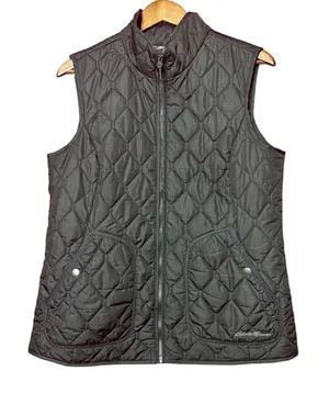 Eddie‎ Bauer Quilted Vest Women Large Black Excellent Full Zip Diamond Pattern thumbnail 1