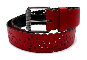 Red Scalloped Laser Cut‎ Floral Belt Rhinestone Buckle XL Sparkly Coquette thumbnail 1