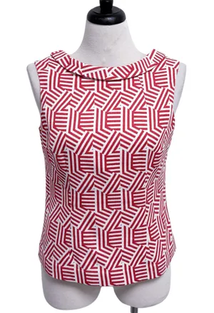 Boden Red Off White Geometric Sleeveless Flap Neck Woven Fit Flare Martha Top 10 thumbnail 1