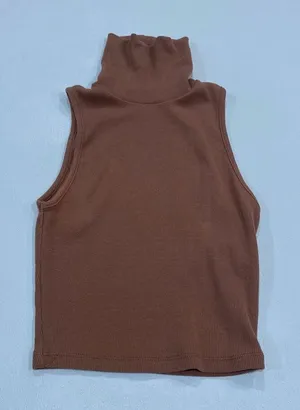 ZARA Ribbed Sleeveless Turtleneck Top S | Brown Mock Neck Tank | Minimalist Basi thumbnail 1