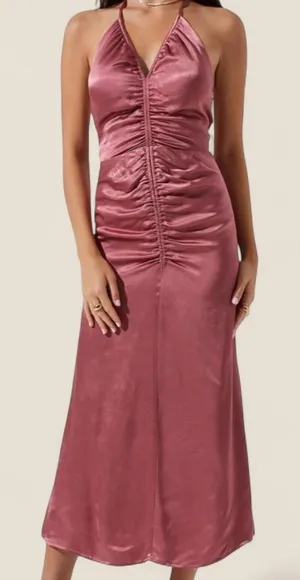 ASTR The Label Toledo Ruched Halter Midi Dress Mauve Satin Romantic thumbnail 1