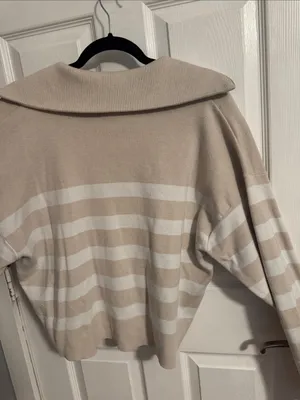 Sincerely Jules Beige and White Striped Half-Zip Sweater thumbnail 6