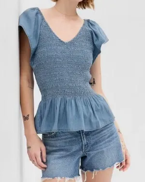 GAP Women’s Denim Smocked V Neck Ruffle Sleeve Top Size Medium thumbnail 1
