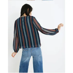 Madewell Sheer-Sleeve Top in Academy Stripe Color Winter Architect Green sz. XXS thumbnail 3