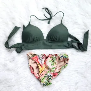Aerie 91B Bikini Set Olive Green Top and‎ Printed Bottom Medium thumbnail 1