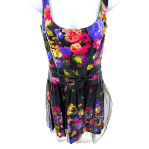 Milly Natalie Floral Cocktail‎ Dress Black Multi Tulle Skirt Bow Belt 10 NEW thumbnail 3