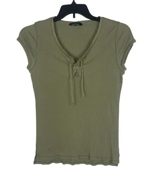 Ralph Lauren Y2K Ribbed Lace Up Top Womens L Sage Green Short Sleeve Grunge thumbnail 1