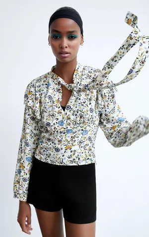 ZARA Printed Blouse with Bow thumbnail 1