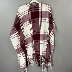 Banana Republic Cashmere Blend Knit Wrap Mariana Plaid Red Cream Fringe One Size thumbnail 3