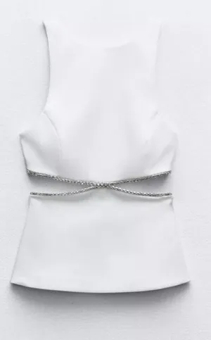 ZARA NWT viral TIK TOK White Jeweled Rhinestone Embellished Cutout Top XL thumbnail 3