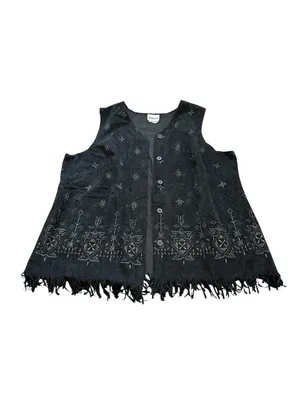 Vintage Black Faux Suede Vest Fringe Hem Embroidered Boho Western Festival thumbnail 3