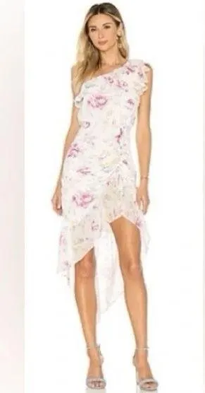 Majorelle Dress Womens Small White Pink Floral Zella Romance One Shoulder Ruffle thumbnail 1