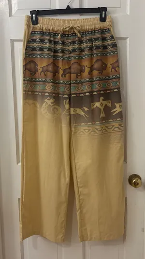 ADOR Wide Leg Western Buffalo Pants L Cotton Linen Boho Graphic NEW NWT thumbnail 1