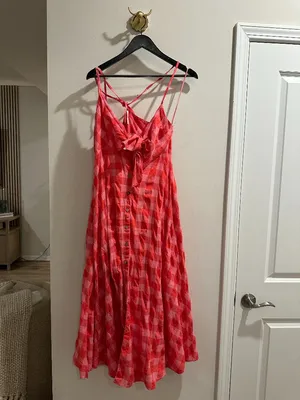 FREE PEOPLE Via Gingham Cotton Seersucker Sundress Red Combo Everly X-Small NWT thumbnail 4