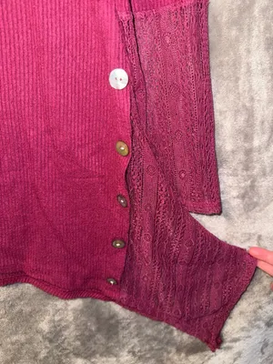 World Unity Burgundy Ribbed Knit Handkerchief Side Lace-Trim Tunic Top thumbnail 7