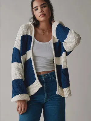 Urban Outfitters BDG Tyler Chunky Blue and Cream Striped Open-Front Sweater thumbnail 1