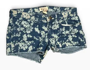 Vintage Mudd Blue Floral Shortie Low Rise Denim Shorts Frayed Hem Size 0 Y2K thumbnail 1