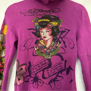 Ed Hardy Y2K Eternal Love Dagger Geisha Zip Front Hooded Cardigan Sweater XS thumbnail 7