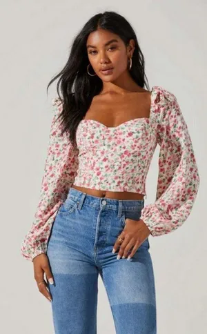 💕ASTR THE LABEL💕 Floral Tie Shoulder Long Sleeve Top ~ Pink Floral Print M NWT thumbnail 1