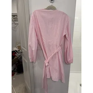 Showpo MARIFY MINI DRESS - LINEN LOOK LONG SLEEVE WRAP DRESS IN ICE PINK thumbnail 3
