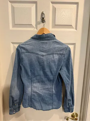 Love Culture Blue Denim Button-Down Pearl Snap Faded Fitted Shirt with Lace Yoke thumbnail 7