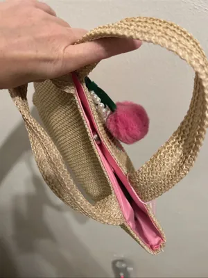NWT Straw Tote Bag with Pink Cherry Embroidery and removable bag charm thumbnail 5