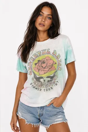 Junk Food Grateful Dead Summer Tour ’87 Tie Dye Graphic Tee XS Pastel Skull Rose thumbnail 1