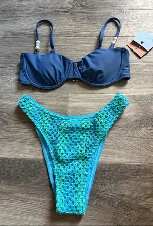 Blue Two-Piece Bikini Set with Crochet Accent thumbnail 1